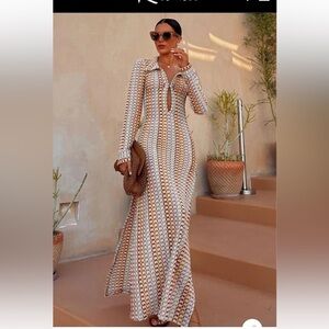 V-neck Collared Crochet Dress BOHO SPLIT WAVY STRIPED BEACH
VACATION MAXI